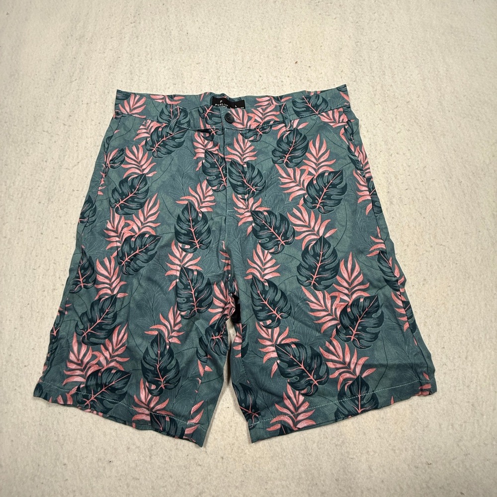 Public Record Mens Green Pink Tropical Leaf Print Cotton Shorts Size L